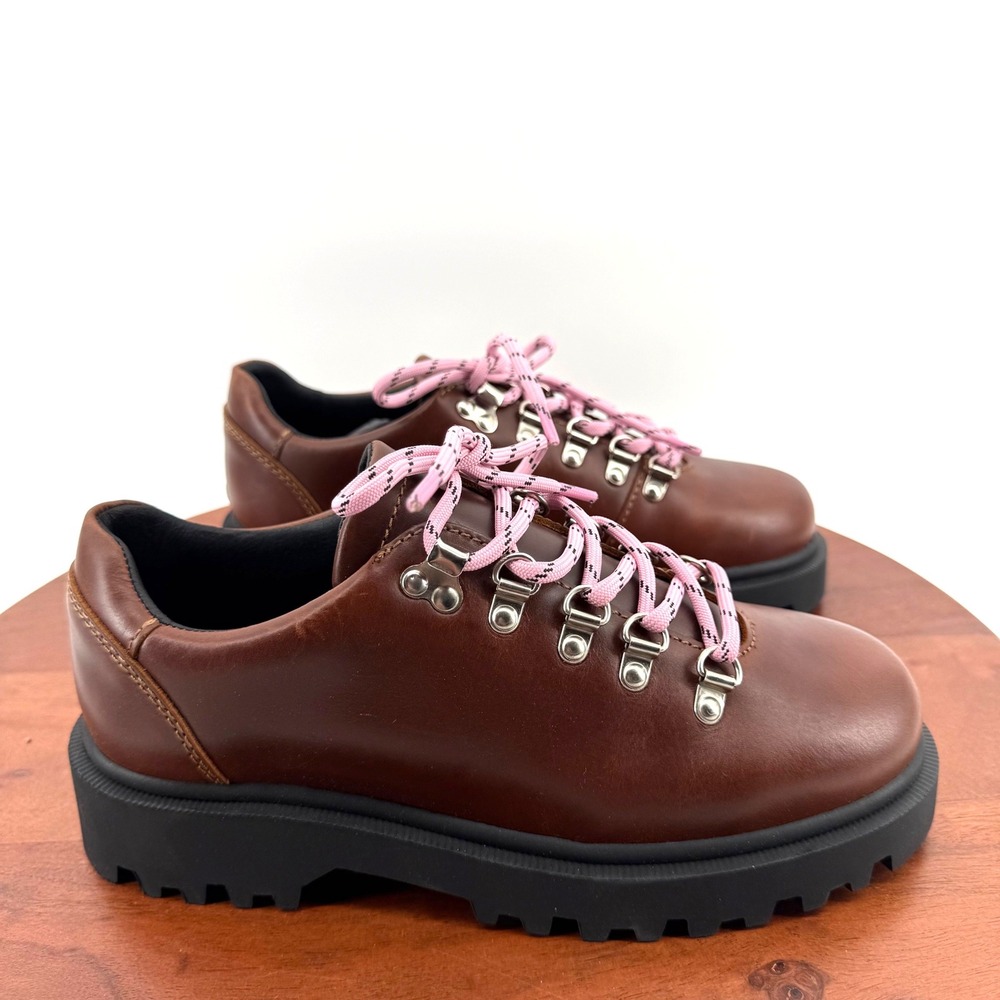 Maeve Hiker Shoes Brown Leather Pink Laces Platform Lug Sole Women EU38 US 7-7.5